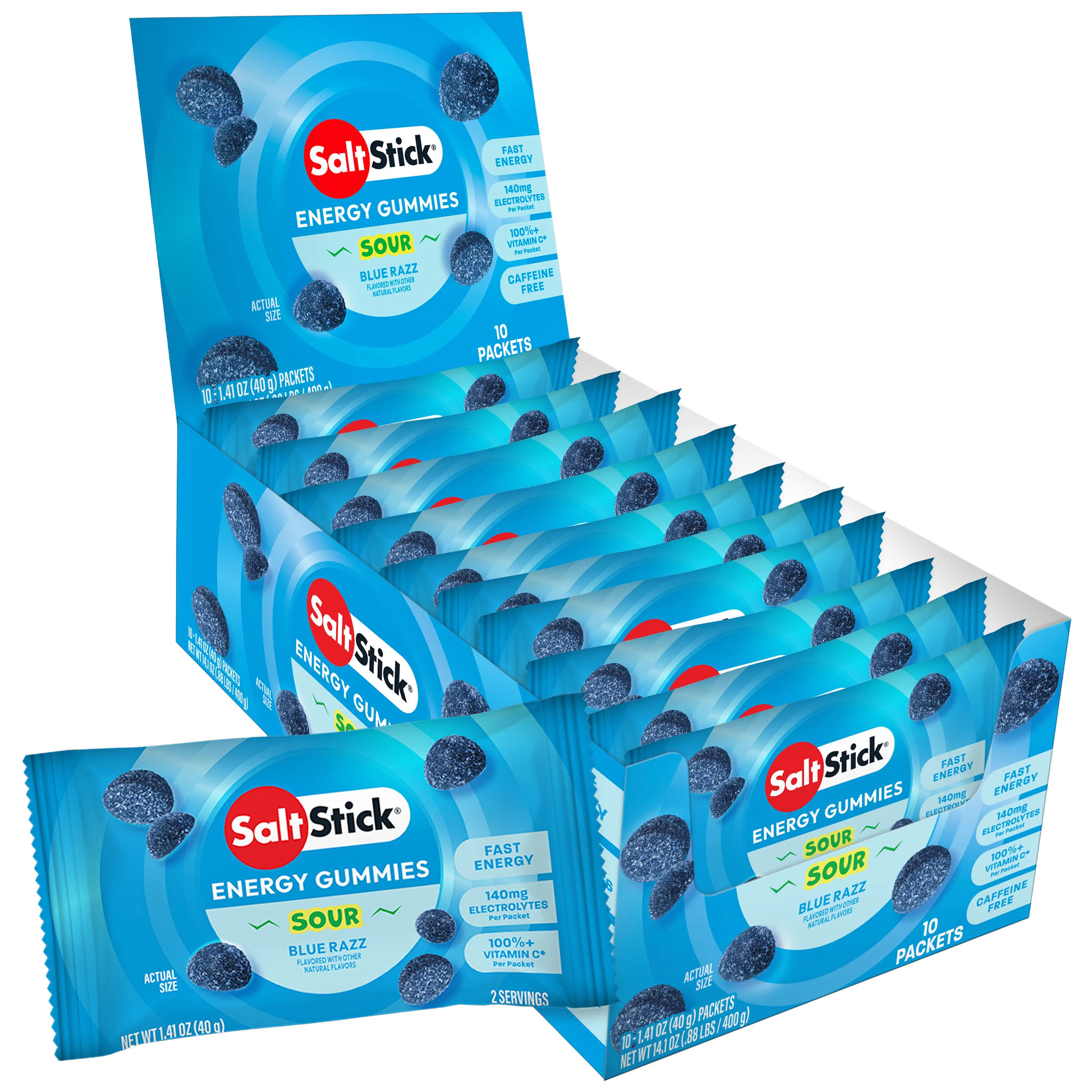 SaltStick Energy Gummies, Sour Blue Razz Berry, 10/Count Carton