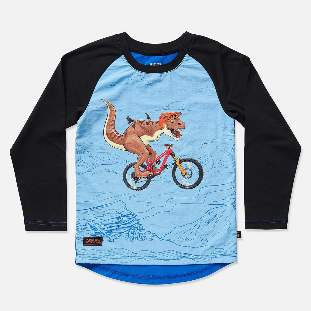 Kids Ride Shotgun Windproof Kids MTB Jersey Dino YXXS, Blue & Black