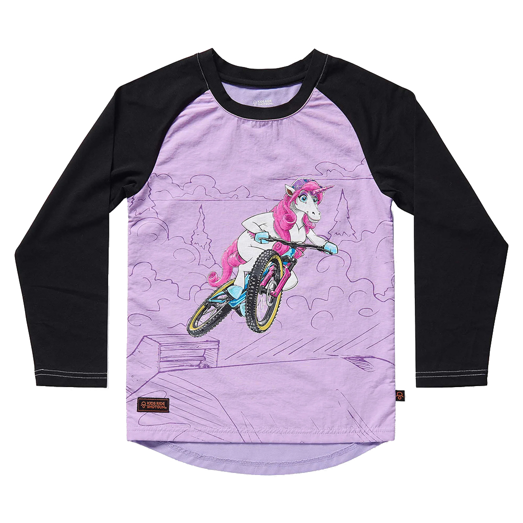 Kids Ride Shotgun Windproof Kids MTB Jersey Unicorn YXS, Pink & Black