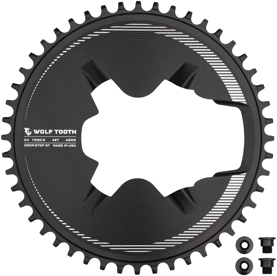 Wolf Tooth Aero Direct Mount 1x Chainring - 48t, 4-Bolt, Drop-Stop ST, Compatible with Shimano Dura-Ace R9200/R9200-P Only, Black