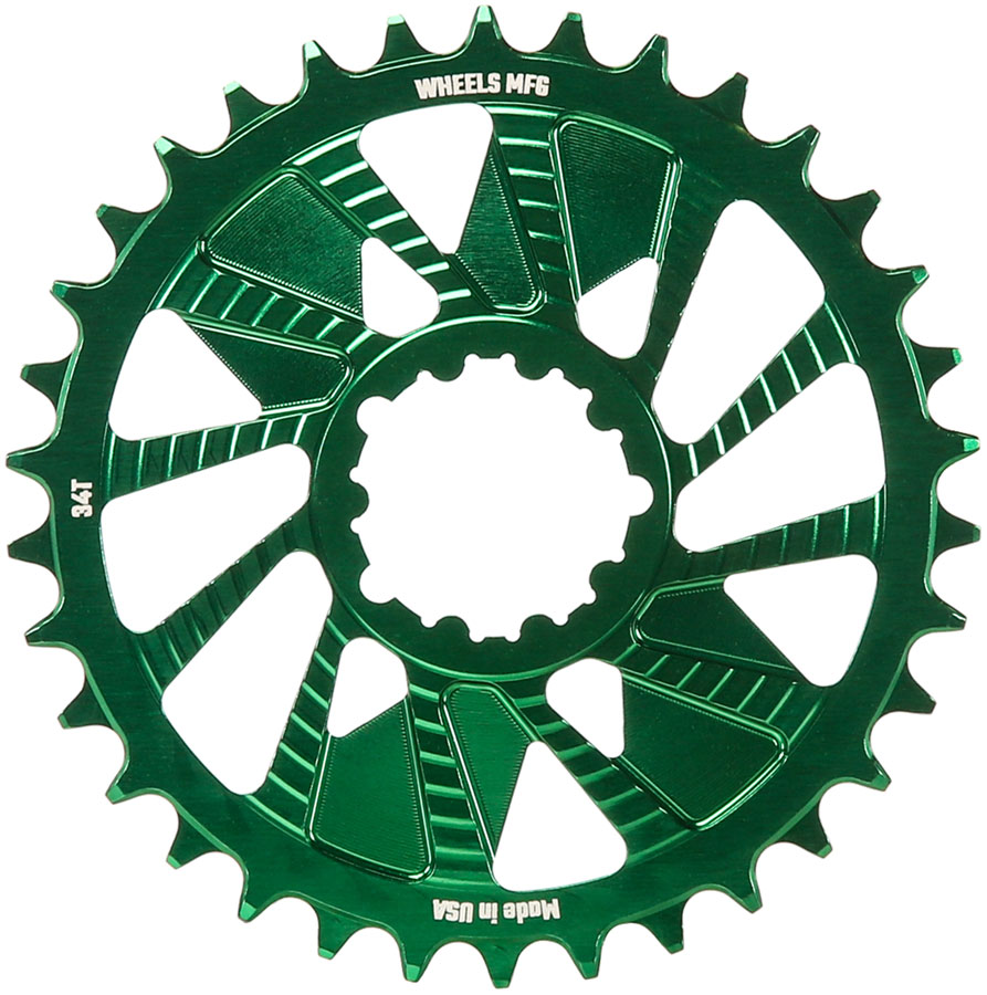 Wheels Manufacturing Direct Mount Chainring - 34t, SRAM 3-Bolt Direct Mount, 3mm Offset, Compatible with Hyperglide+ Chain, Green