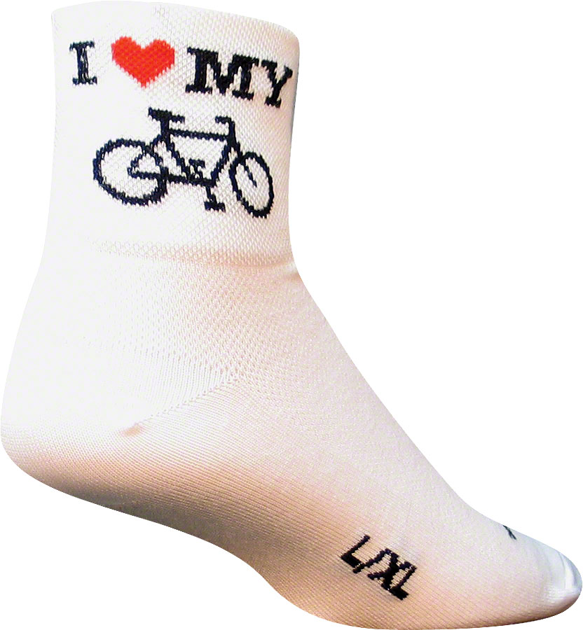 SockGuy Classic I Love My Bike Socks - 3", White, Small/Medium